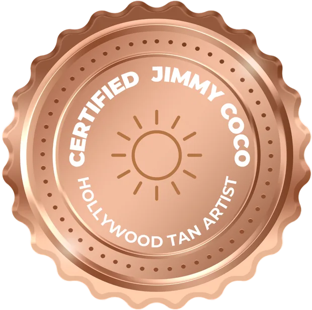 Certified Jimmy Coco Hollywood Tan Artist accreditation badge